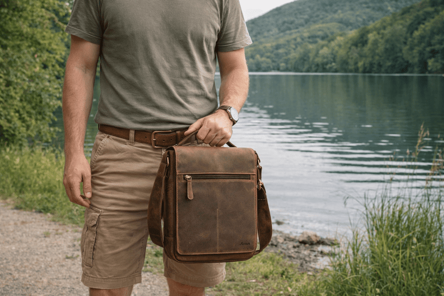 chlap pri vode s taškou mk